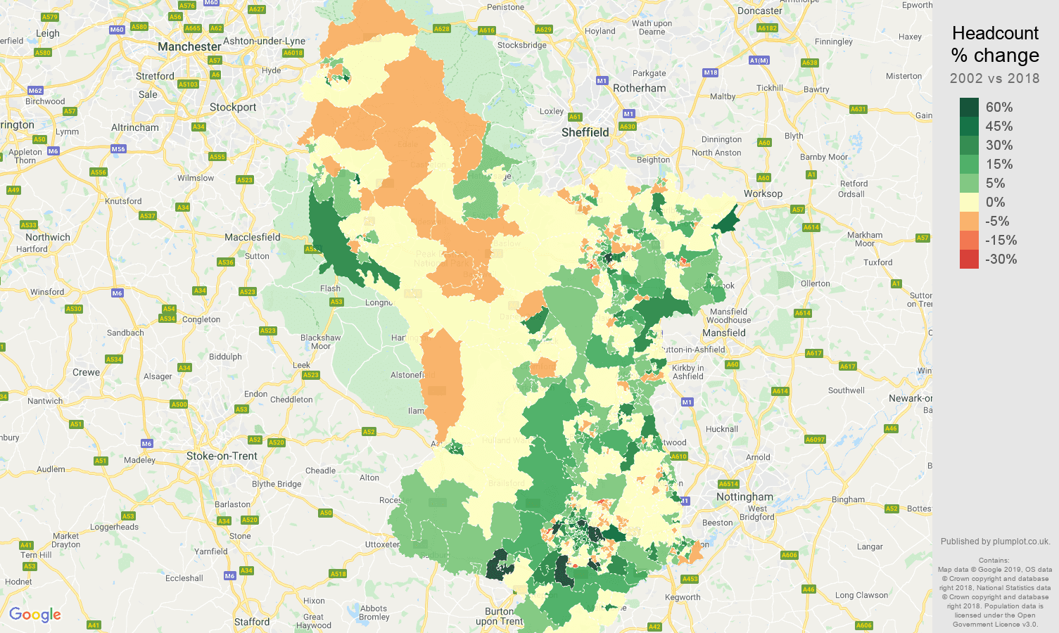 Derbyshire headcount change map