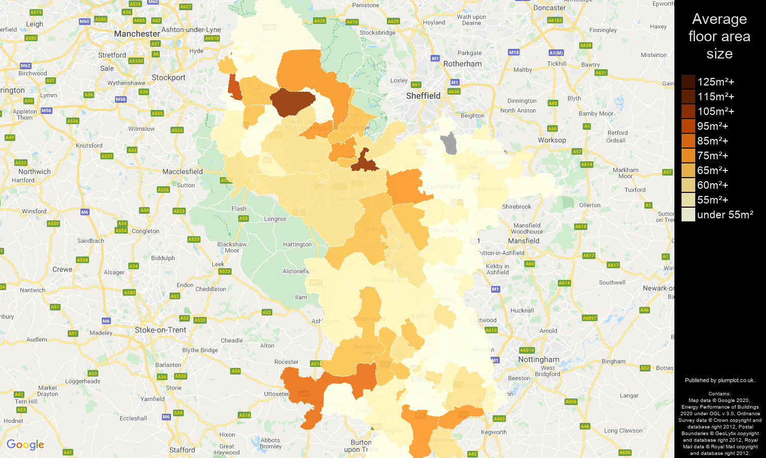 Derbyshire map of average floor area size of flats