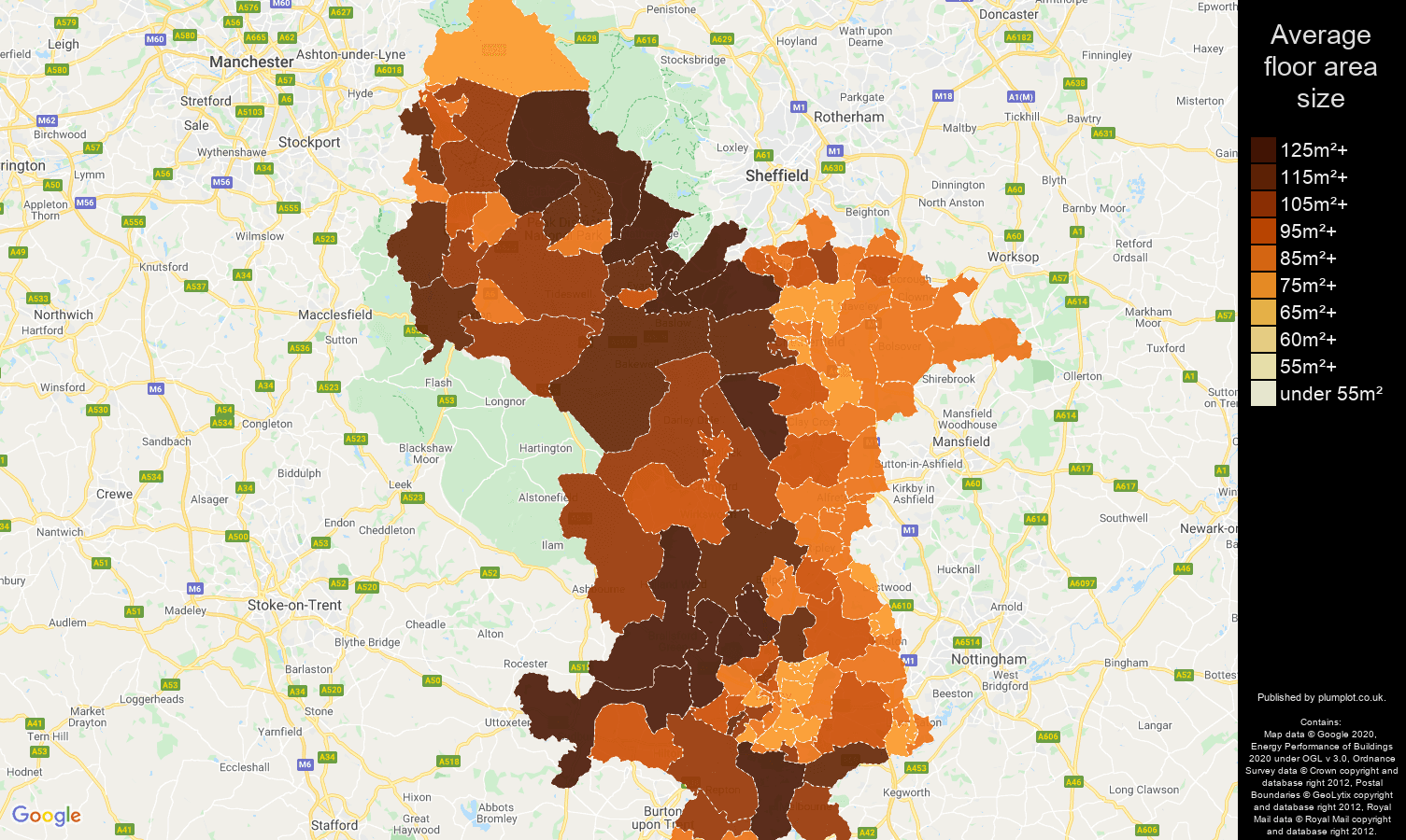 Derbyshire map of average floor area size of houses