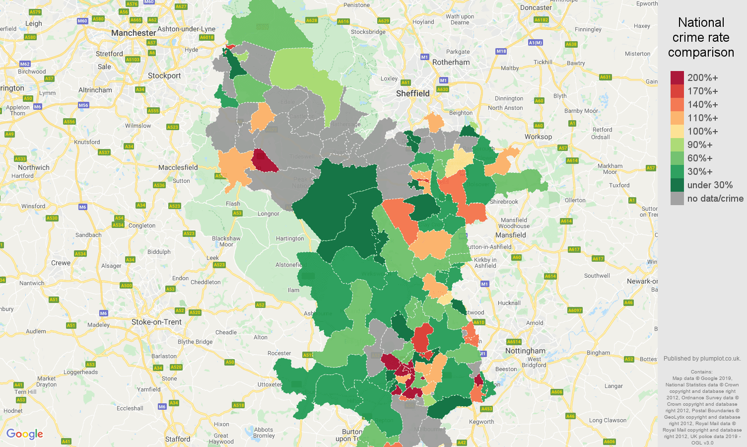 Derbyshire possession of weapons crime rate comparison map
