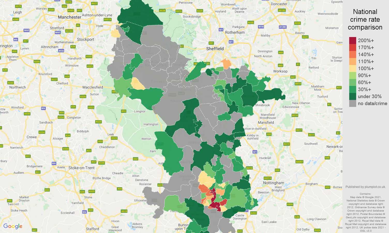 Derbyshire robbery crime rate comparison map