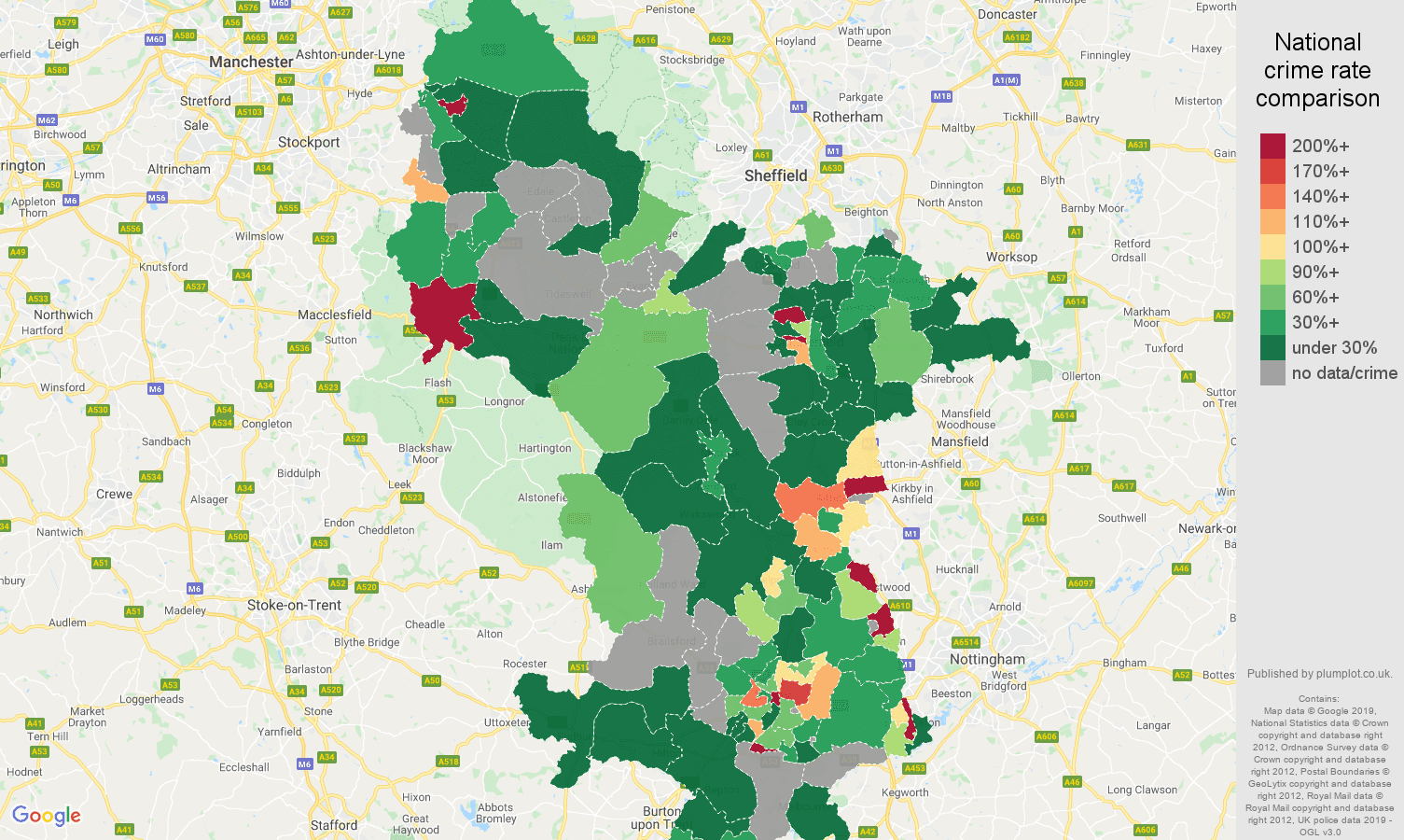 Derbyshire shoplifting crime rate comparison map