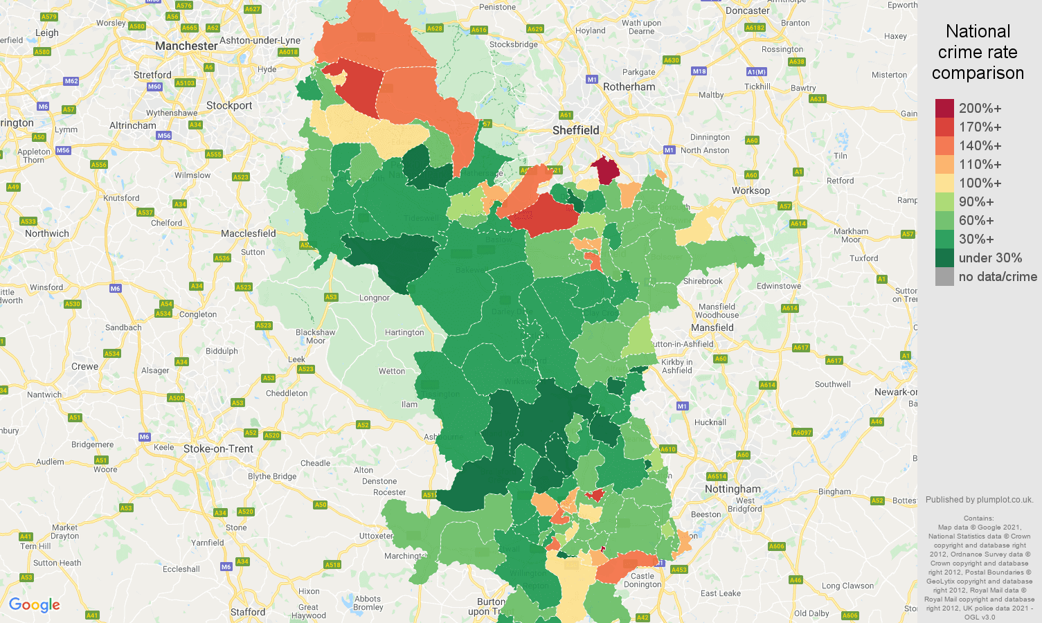 Derbyshire vehicle crime rate comparison map