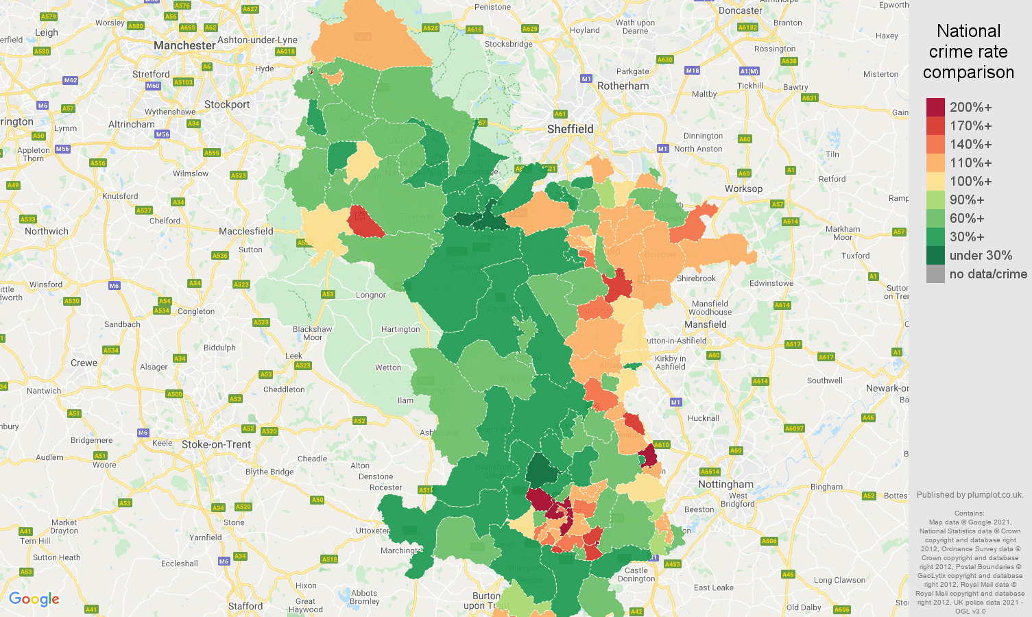 Derbyshire violent crime rate comparison map