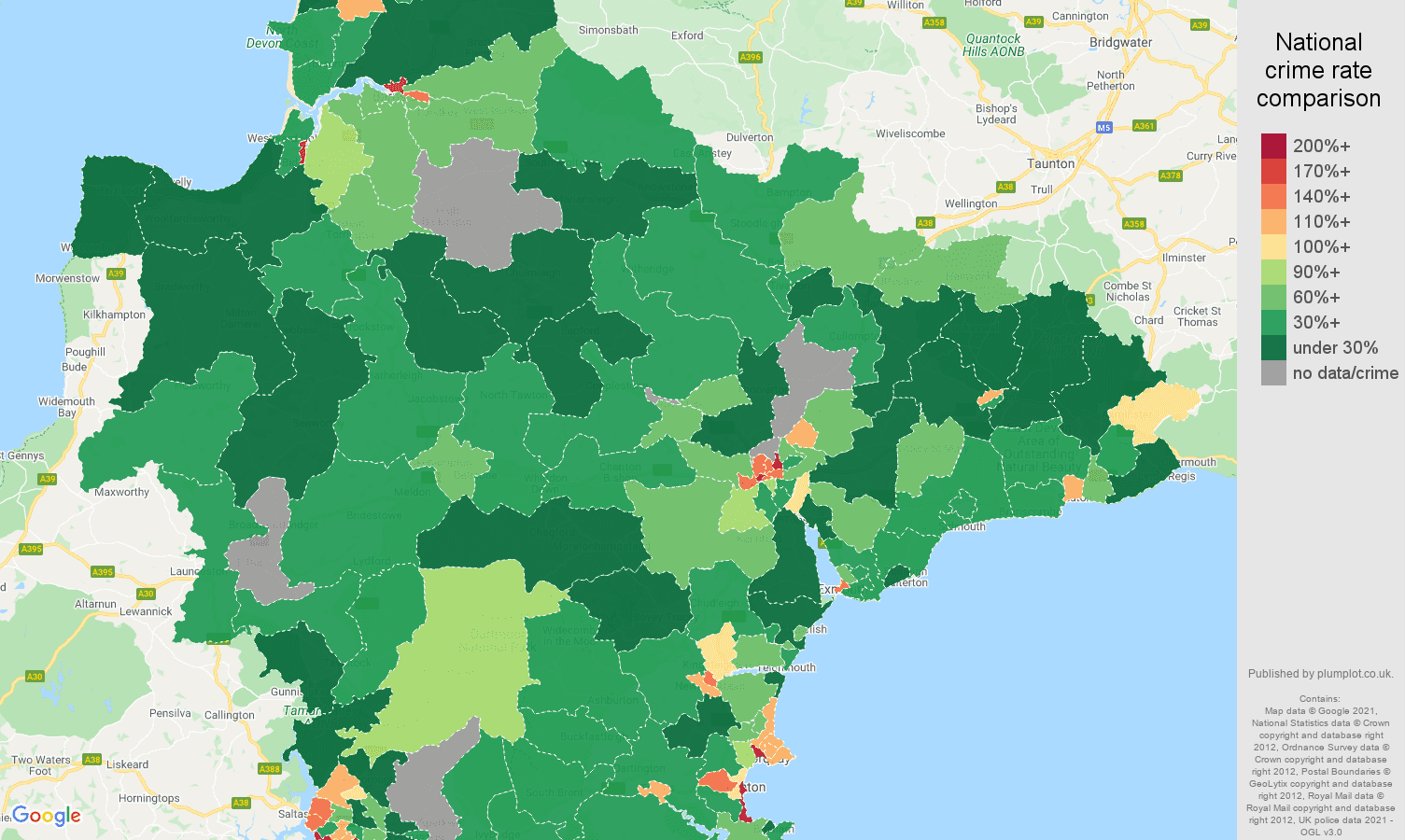 Devon drugs crime rate comparison map