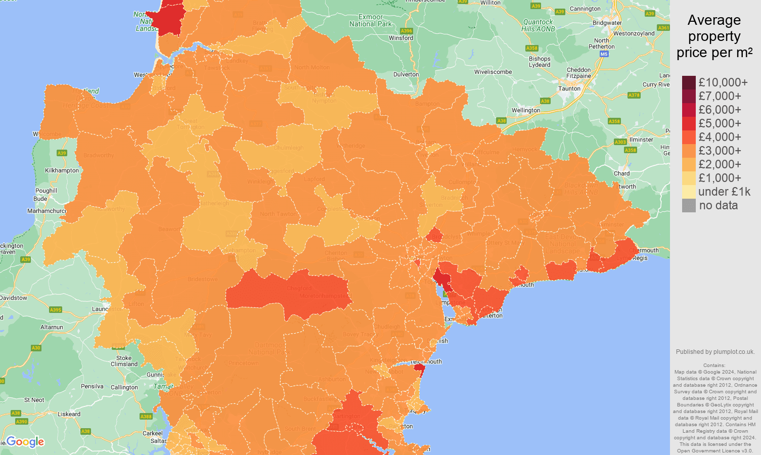Devon house prices per square metre map