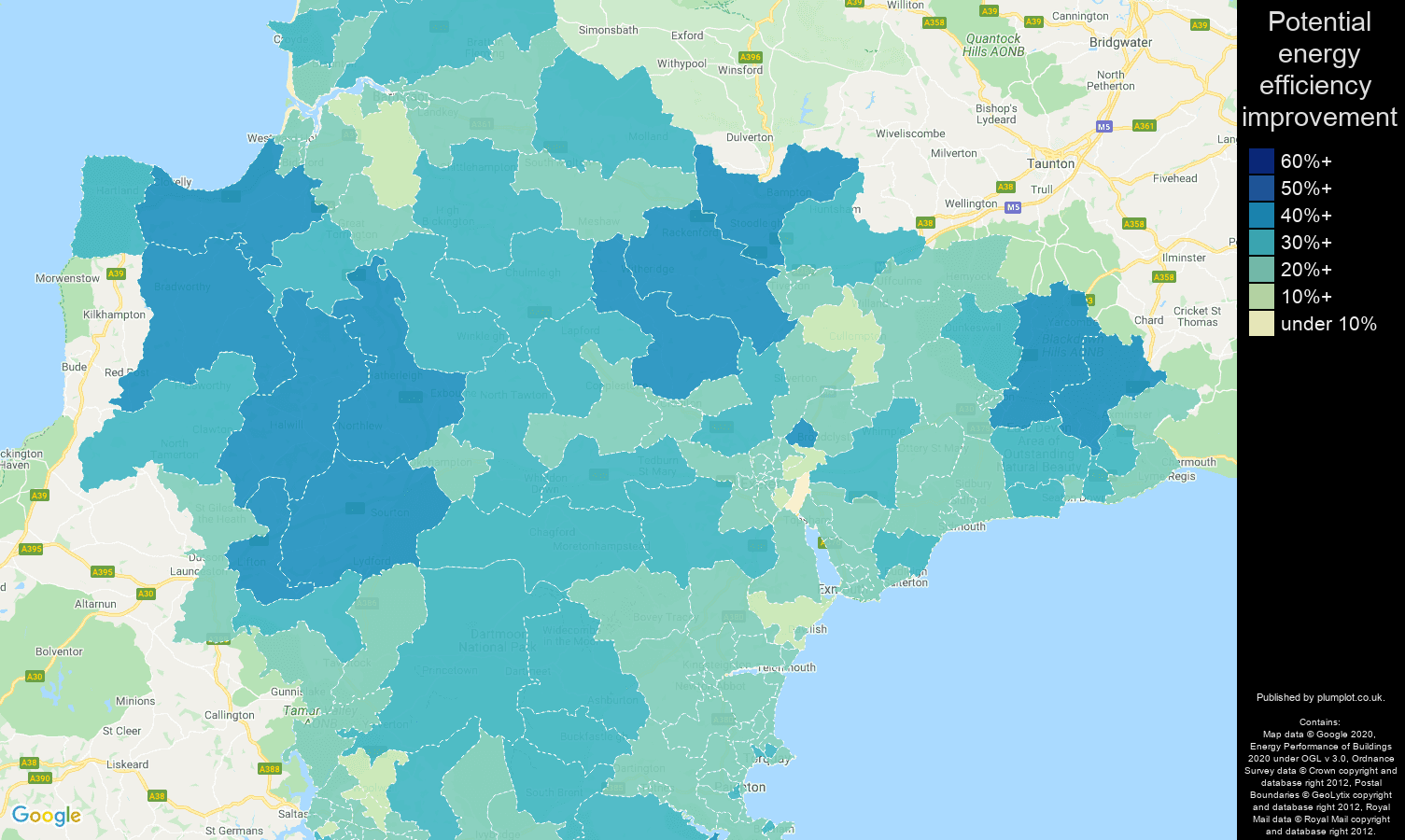 Devon map of potential energy efficiency improvement of houses