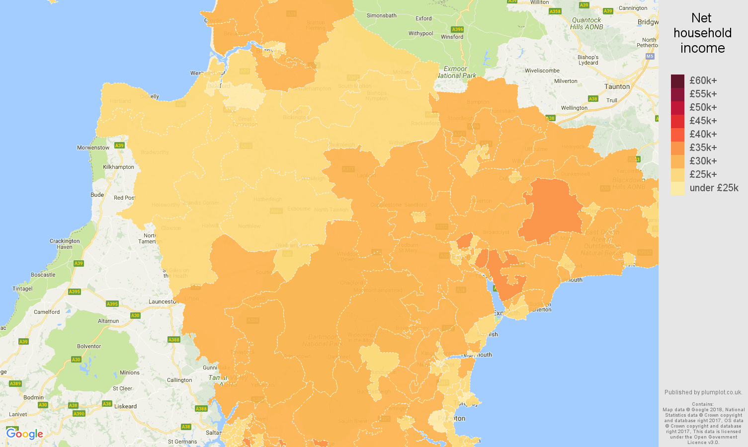 Devon net household income map