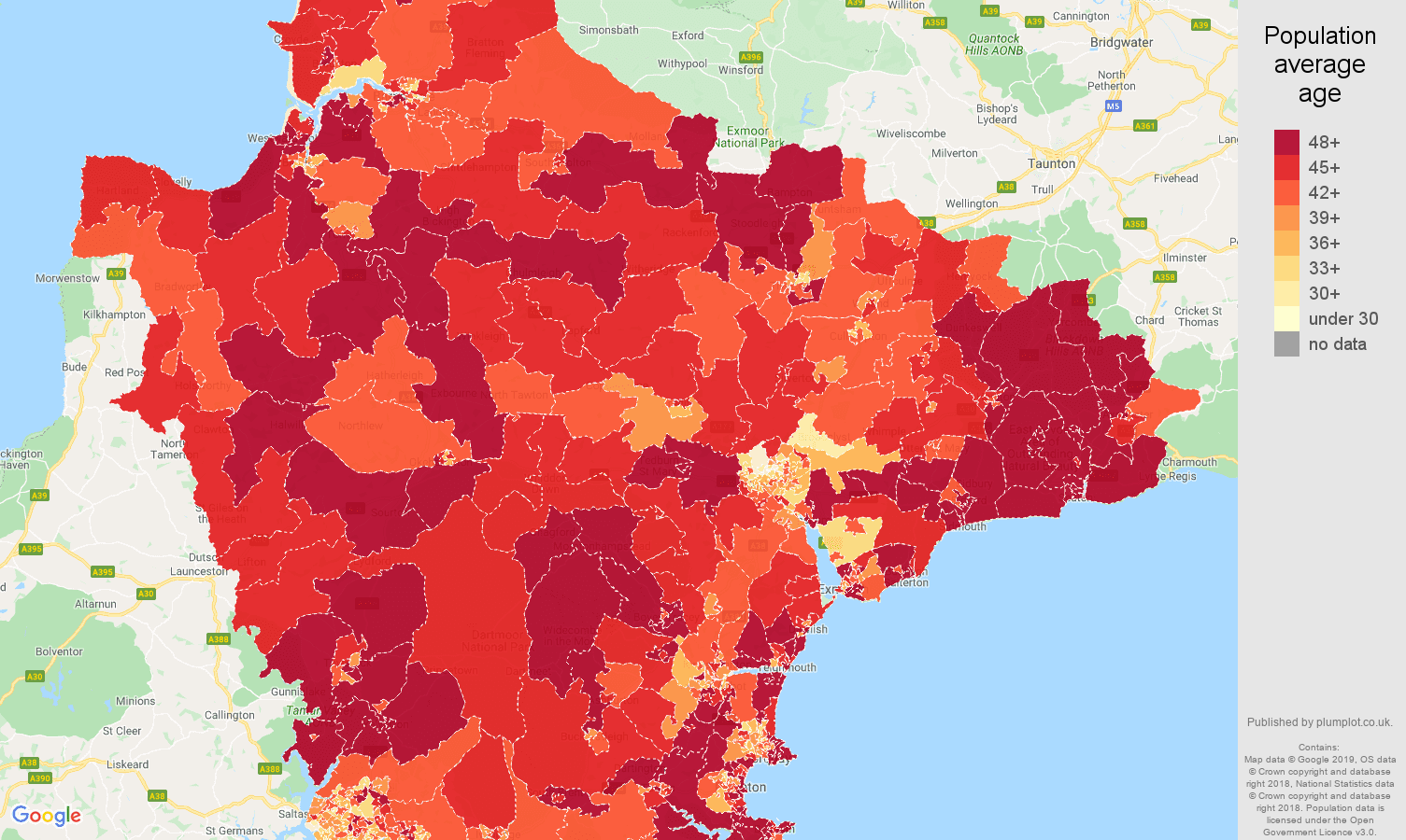 Devon population average age map