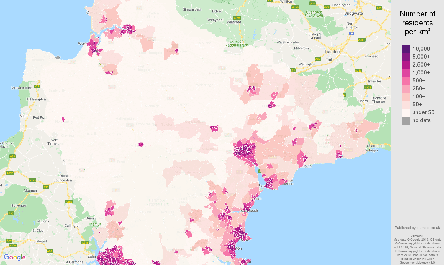 Devon population density map