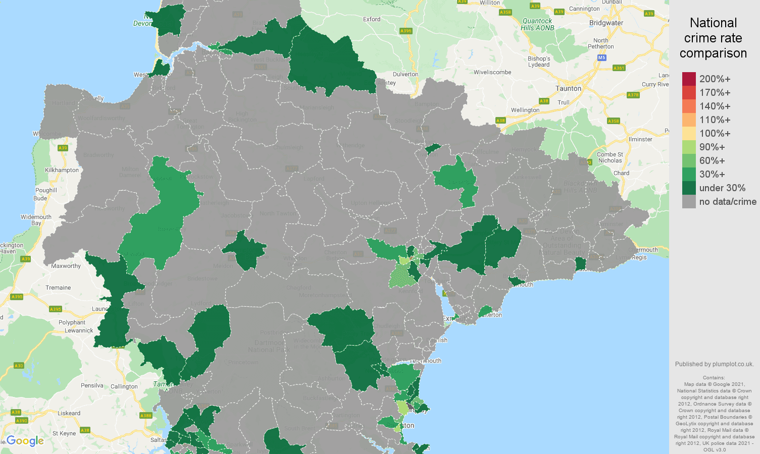 Devon theft from the person crime rate comparison map