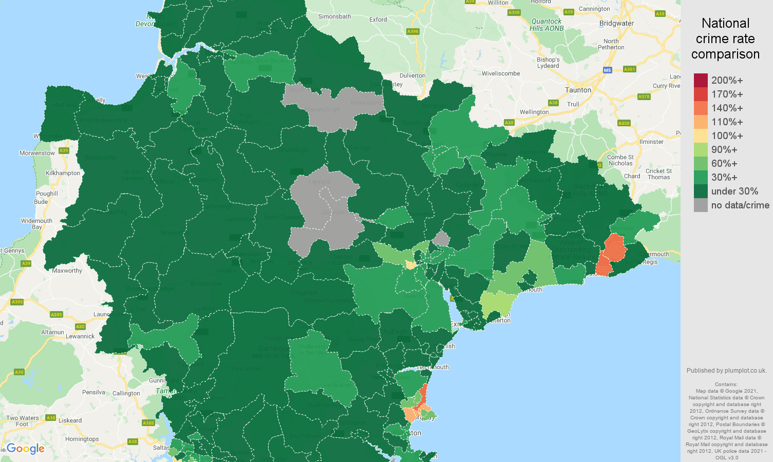 Devon vehicle crime rate comparison map