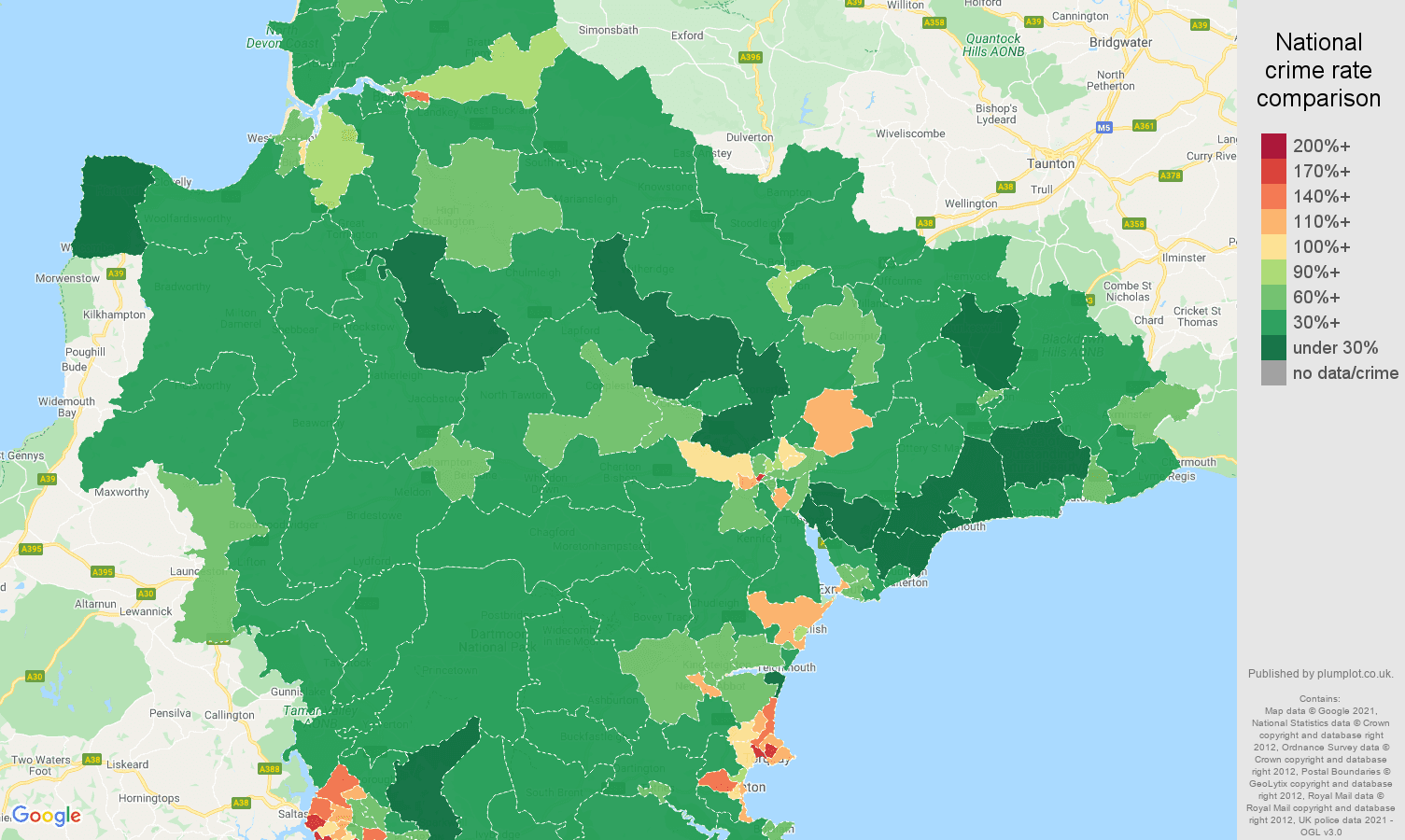 Devon violent crime rate comparison map