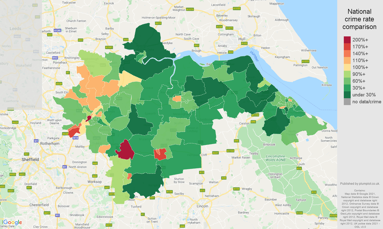 Doncaster antisocial behaviour crime rate comparison map