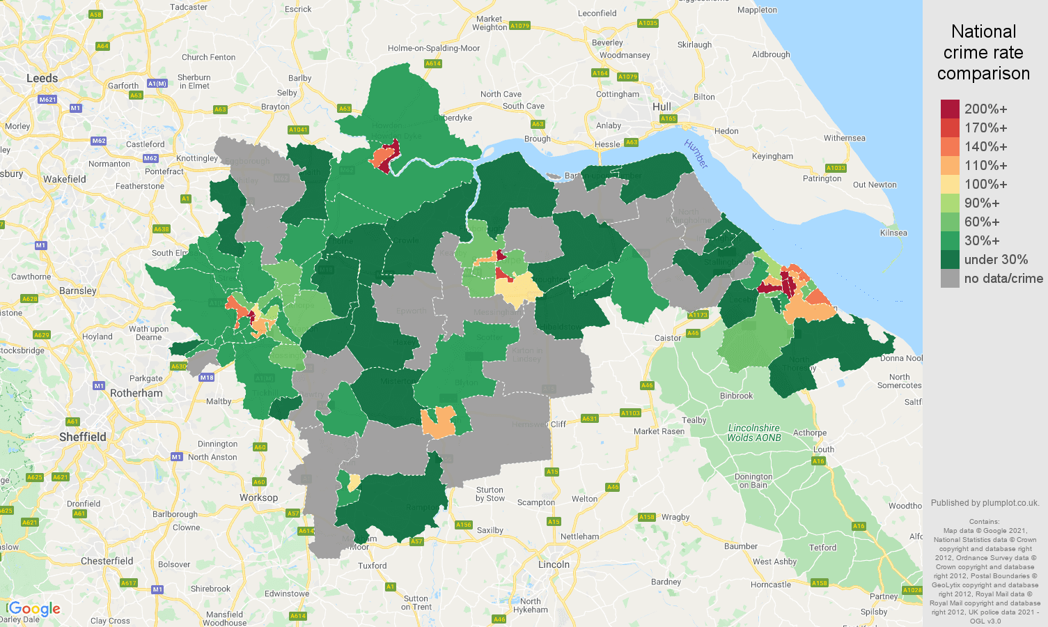 Doncaster bicycle theft crime rate comparison map