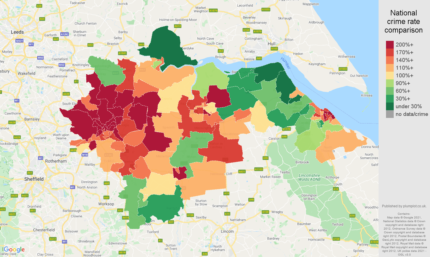Doncaster burglary crime rate comparison map