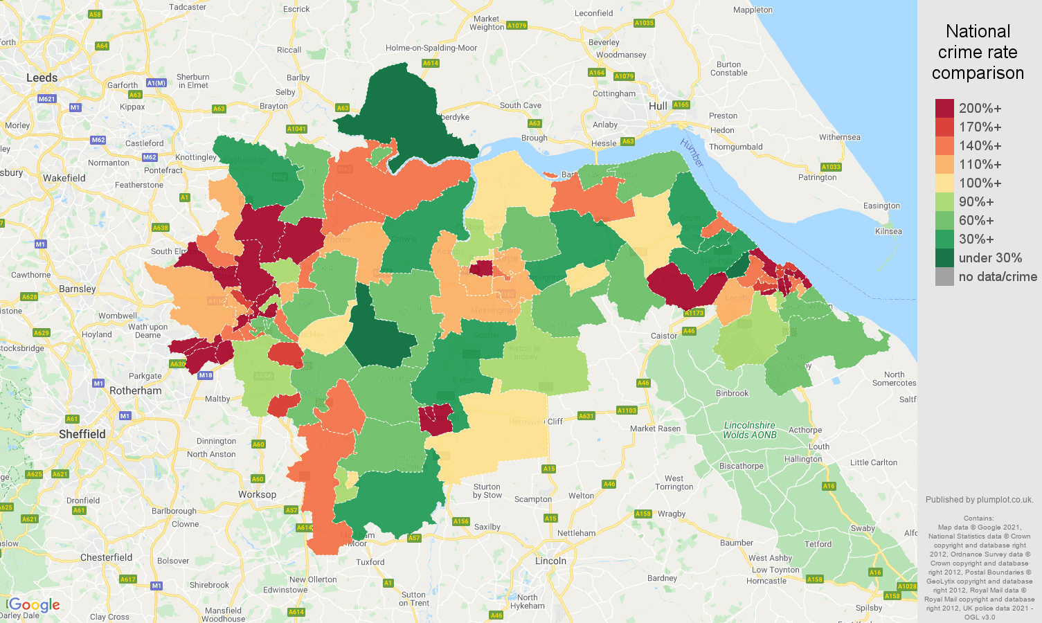 Doncaster criminal damage and arson crime rate comparison map