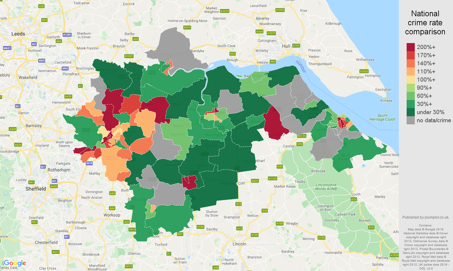 Doncaster possession of weapons crime rate comparison map