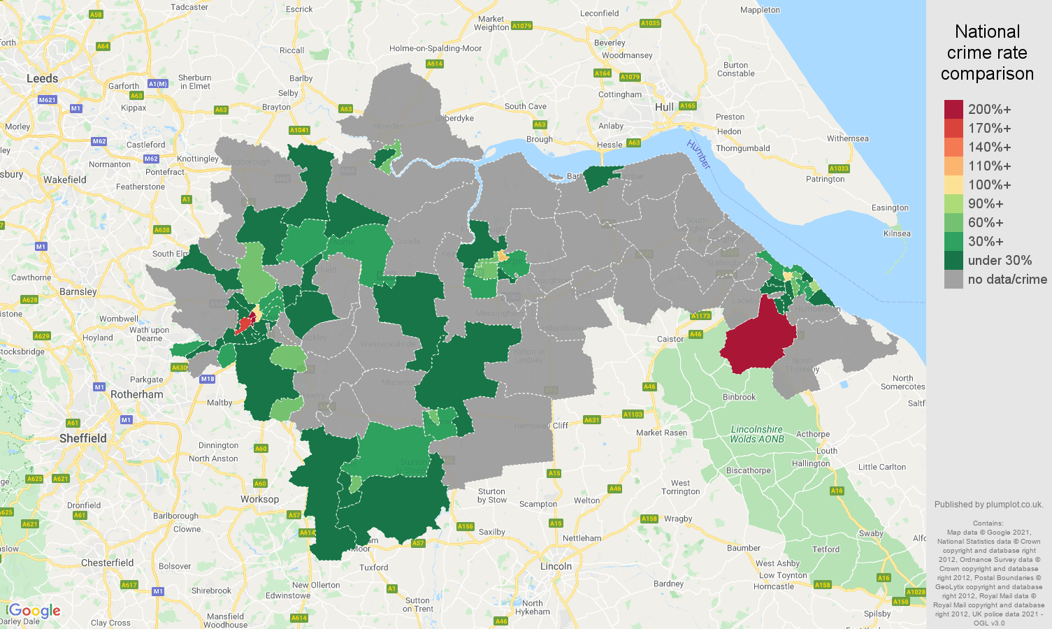 Doncaster theft from the person crime rate comparison map