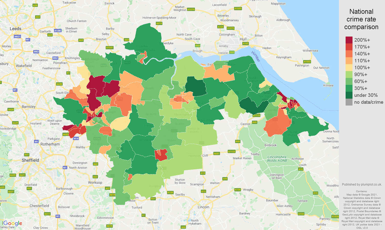 Doncaster violent crime rate comparison map