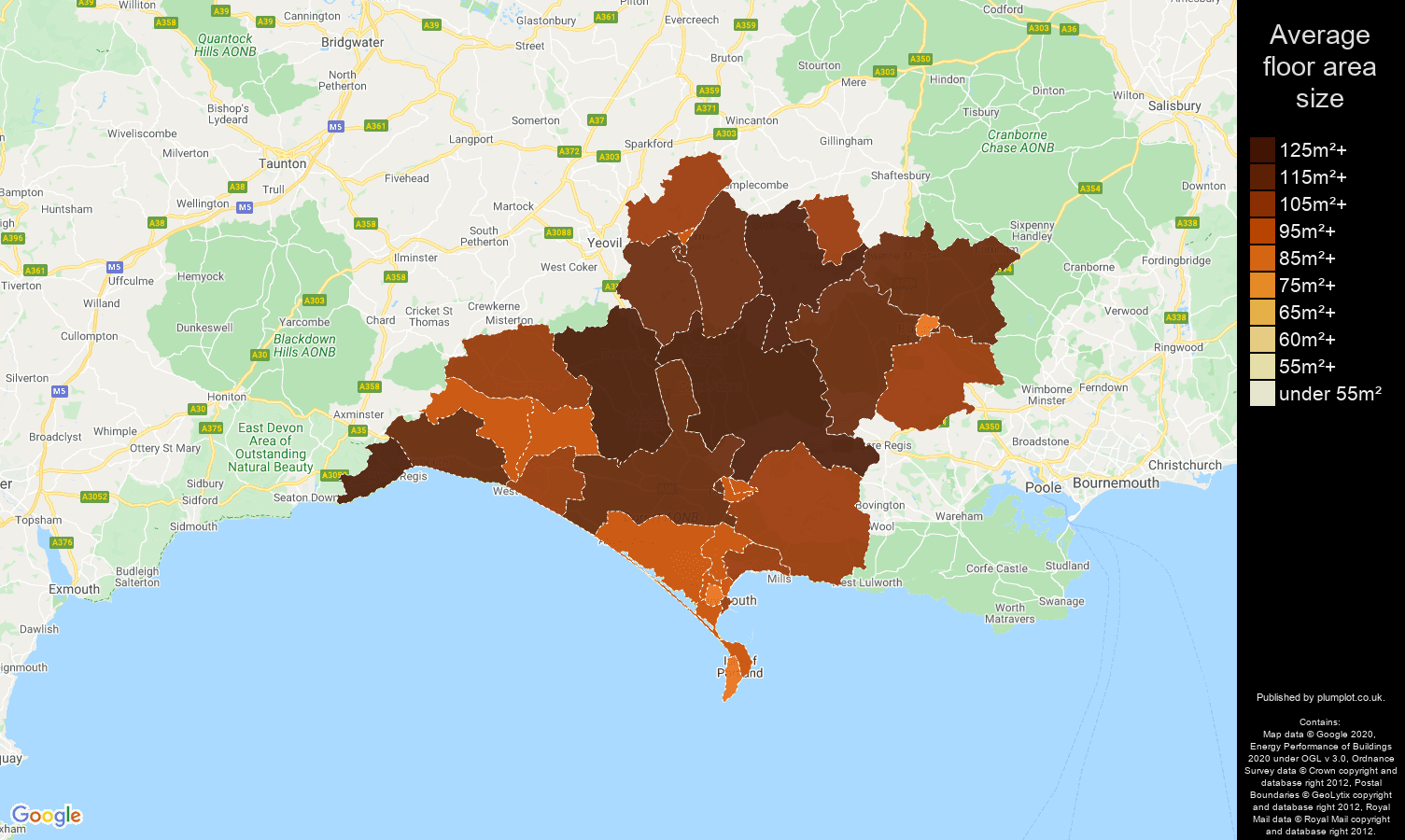 Dorchester map of average floor area size of houses