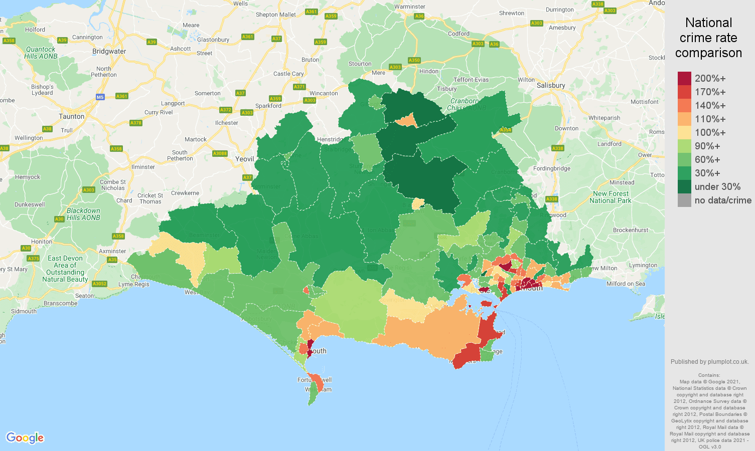 Dorset antisocial behaviour crime rate comparison map