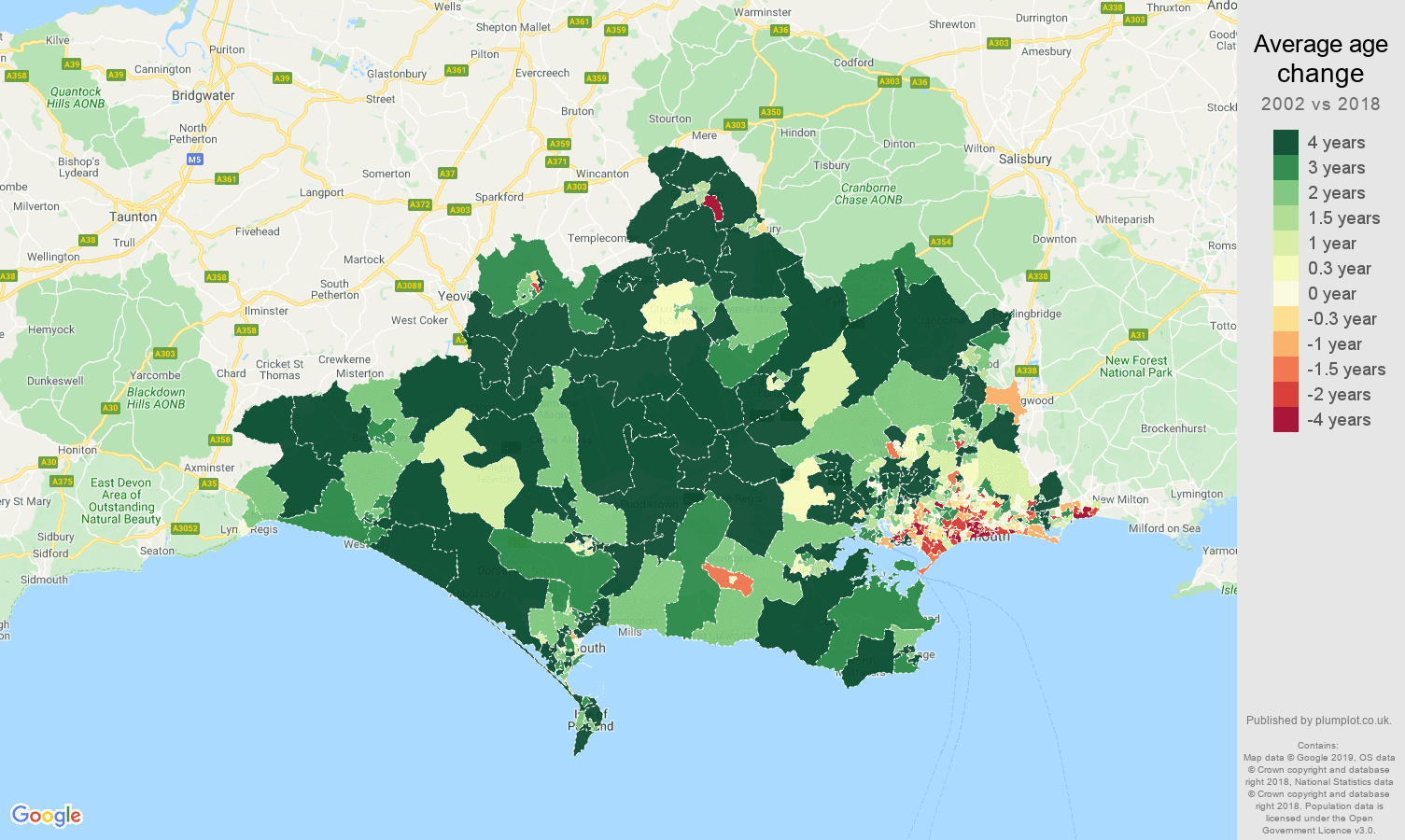 Dorset average age change map