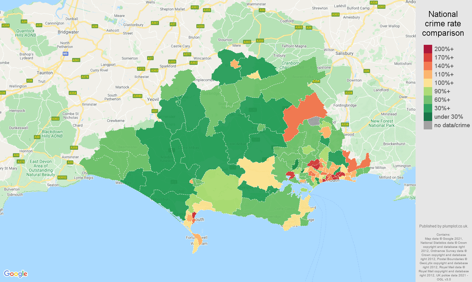 Dorset criminal damage and arson crime rate comparison map