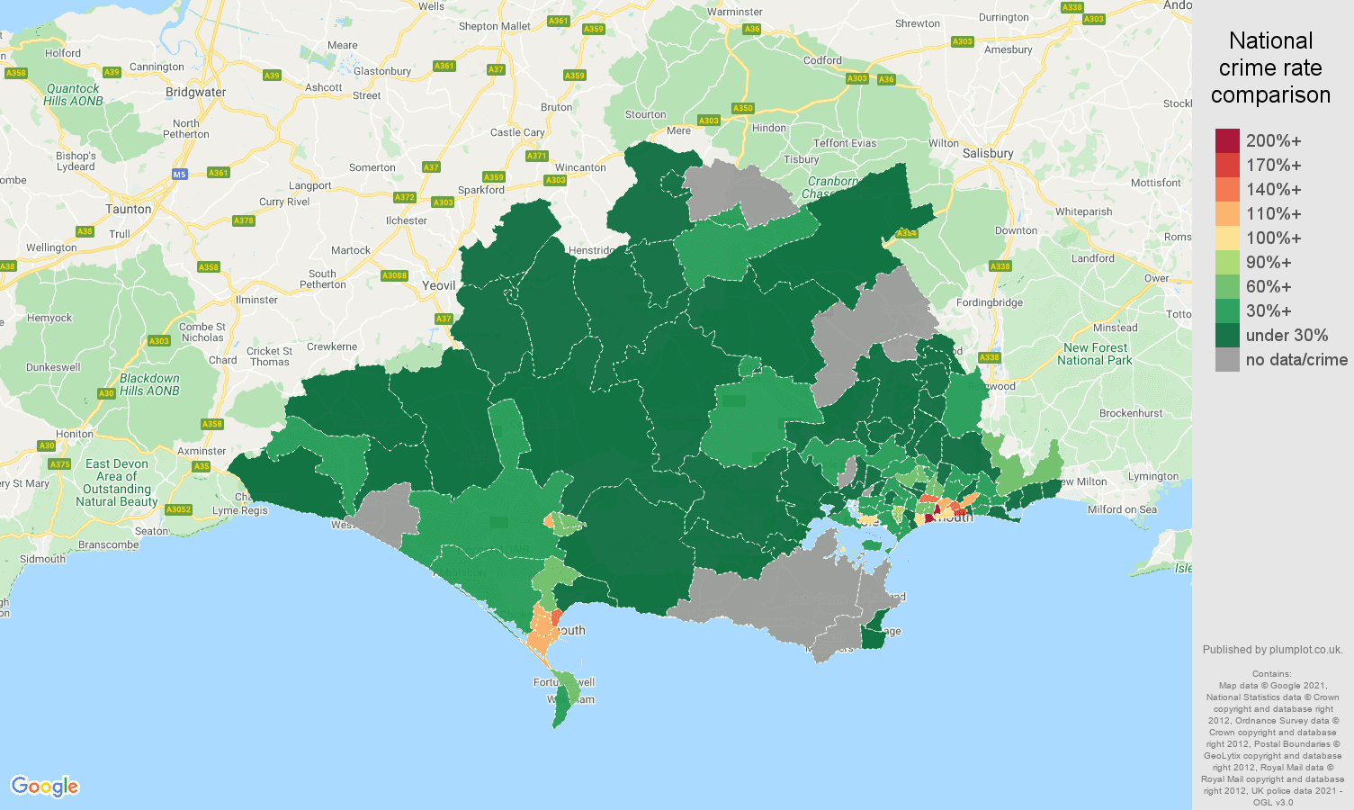 Dorset drugs crime rate comparison map