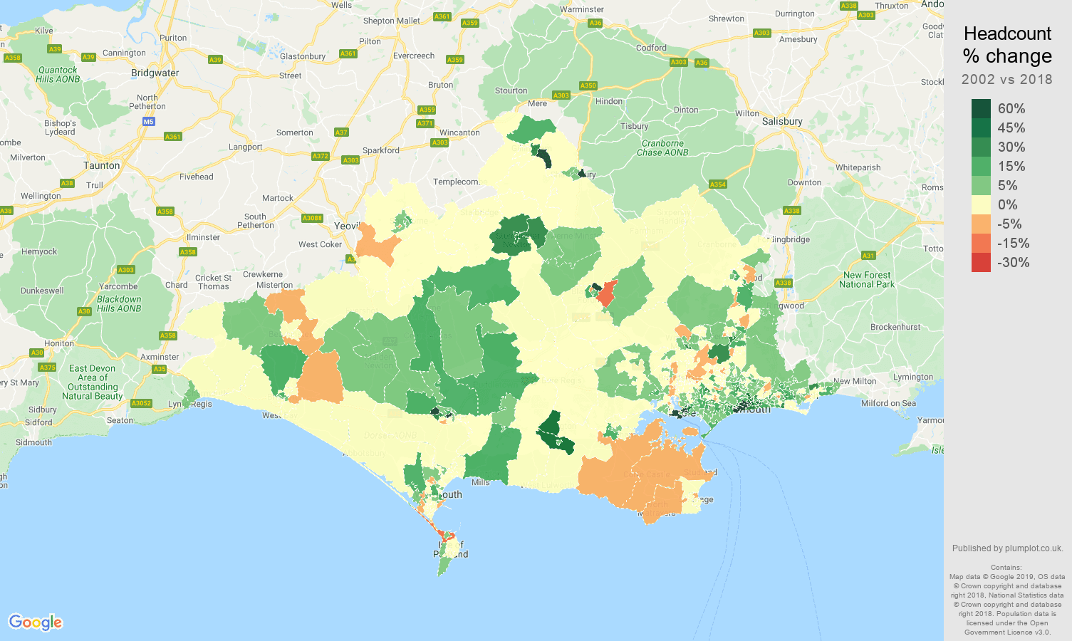 Dorset headcount change map