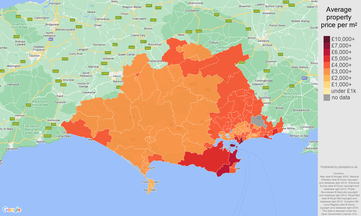 Dorset house prices per square metre map