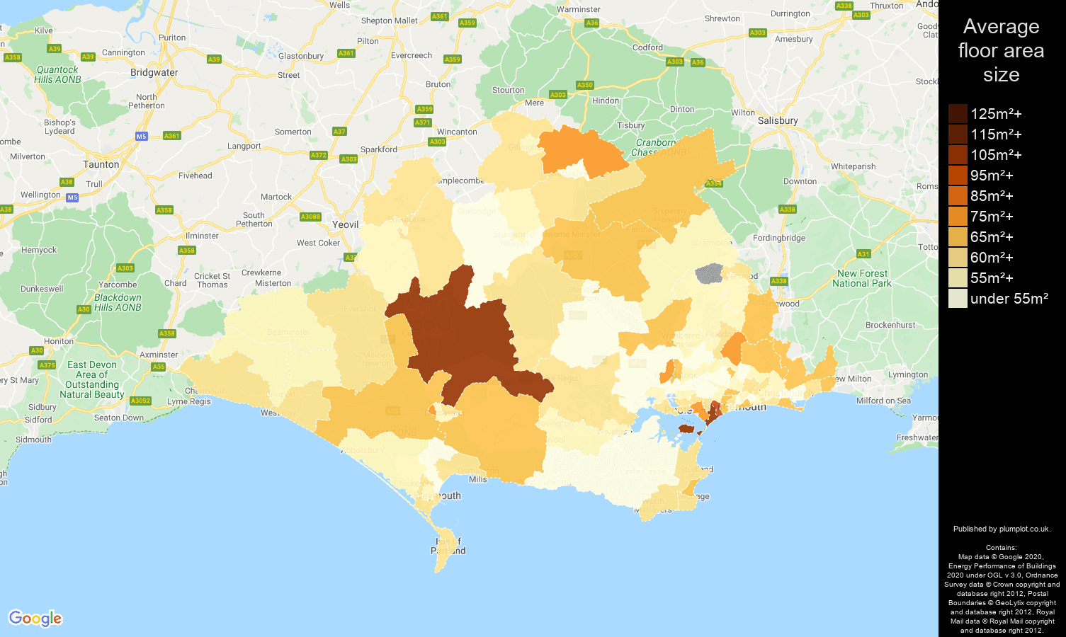 Dorset map of average floor area size of flats