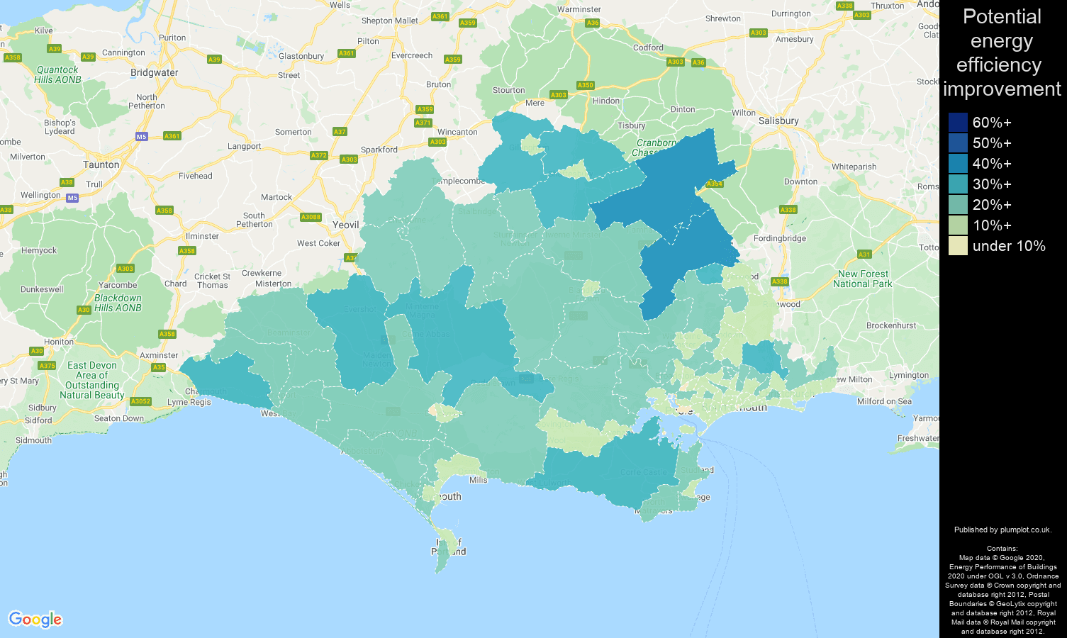 Dorset map of potential energy efficiency improvement of properties
