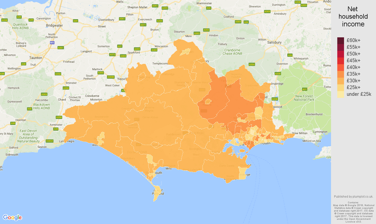Dorset net household income map