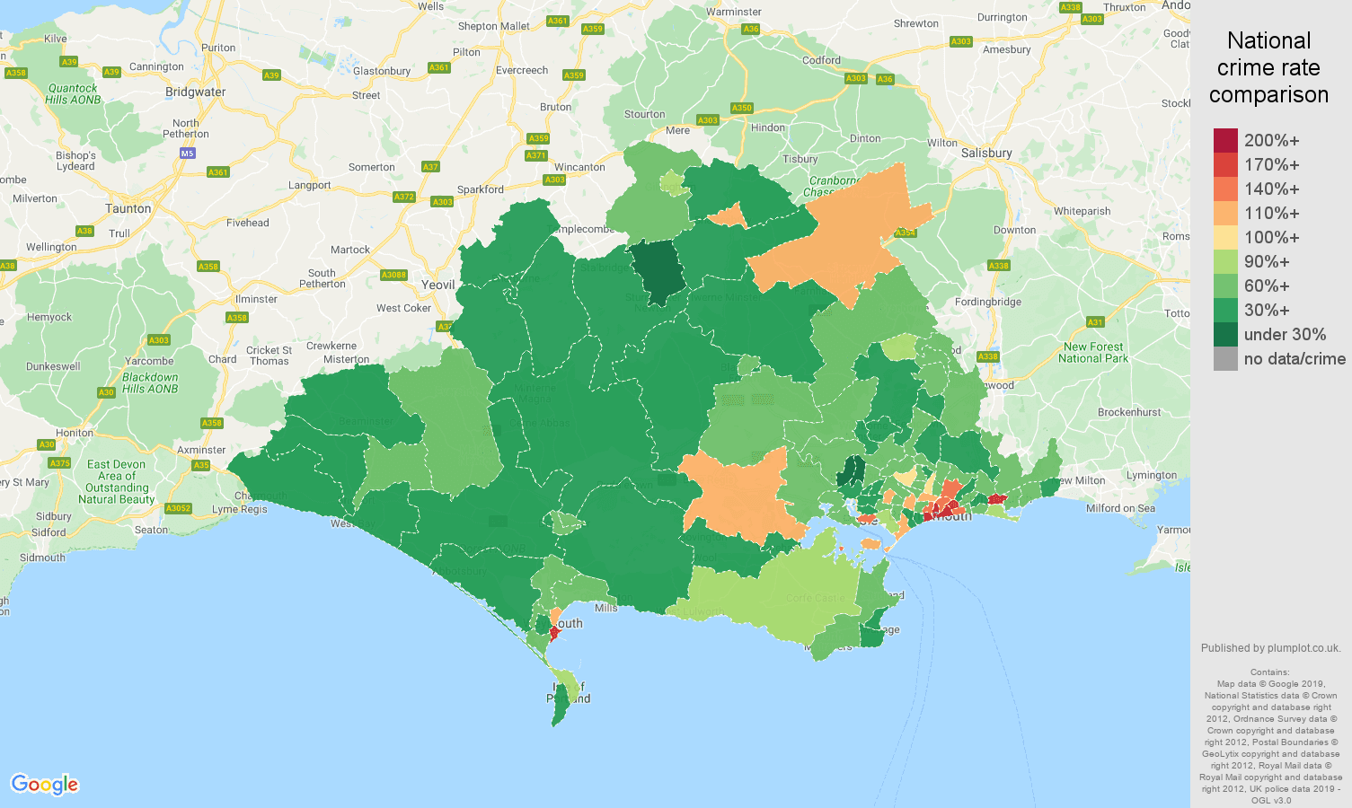 Dorset other theft crime rate comparison map