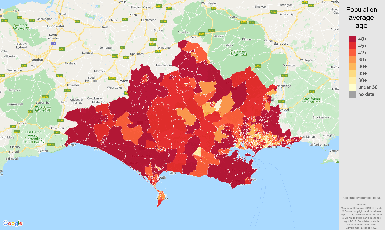Dorset population average age map