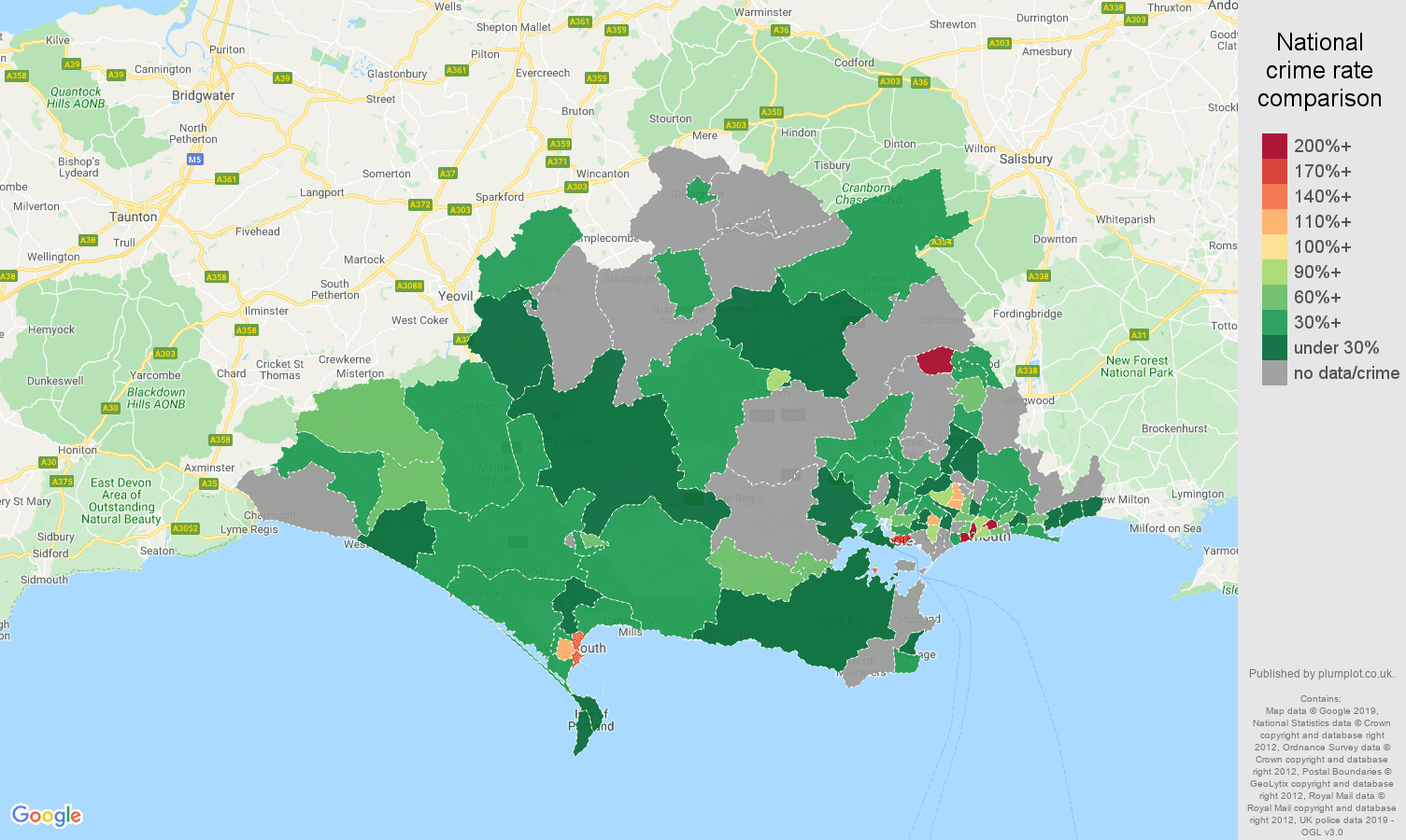 Dorset possession of weapons crime rate comparison map