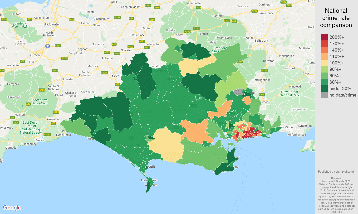 Dorset vehicle crime rate comparison map