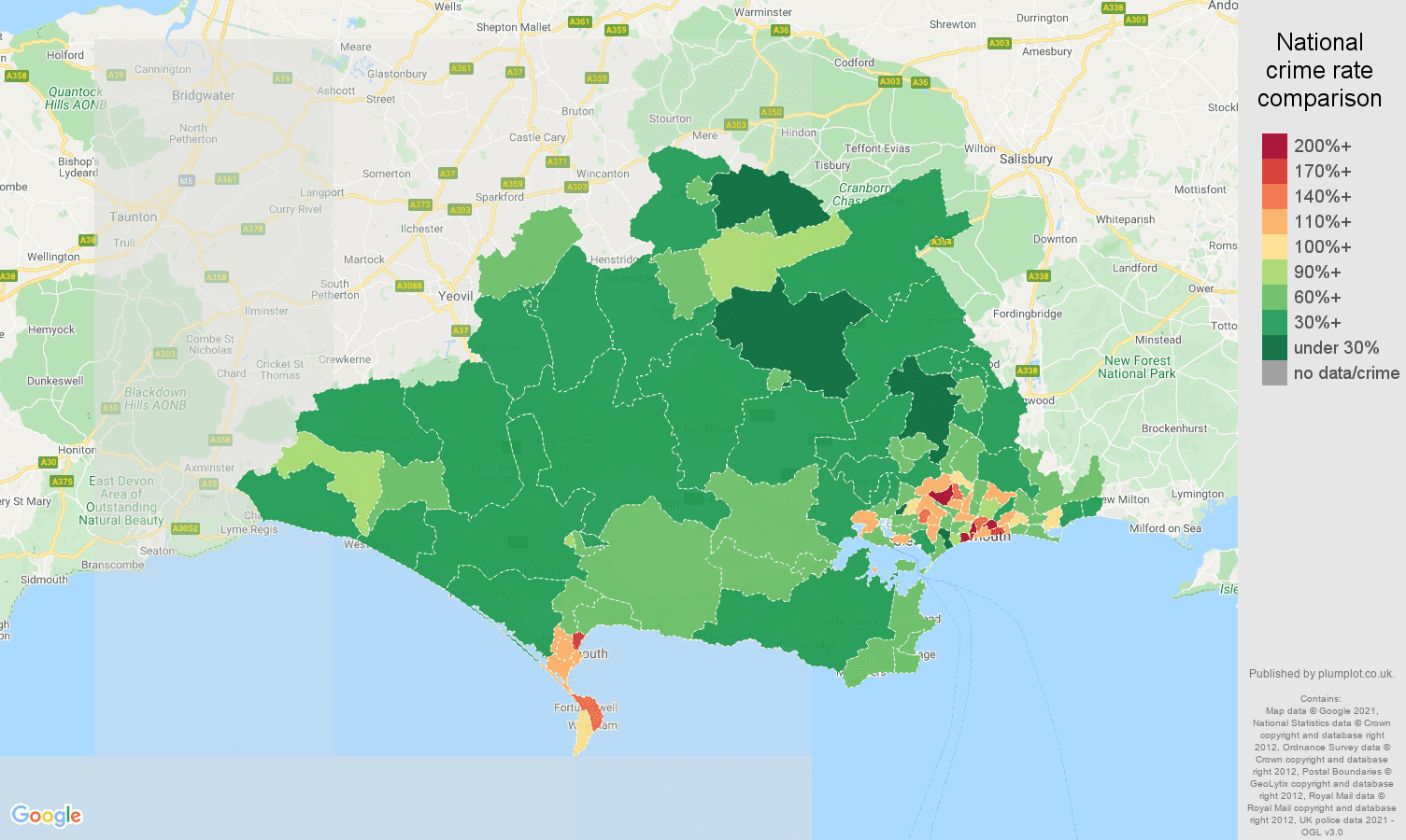 Dorset violent crime rate comparison map