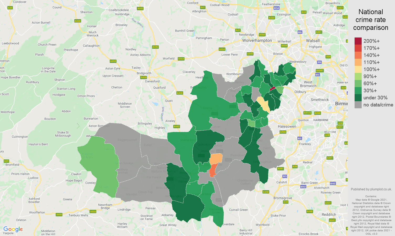 Dudley theft from the person crime rate comparison map