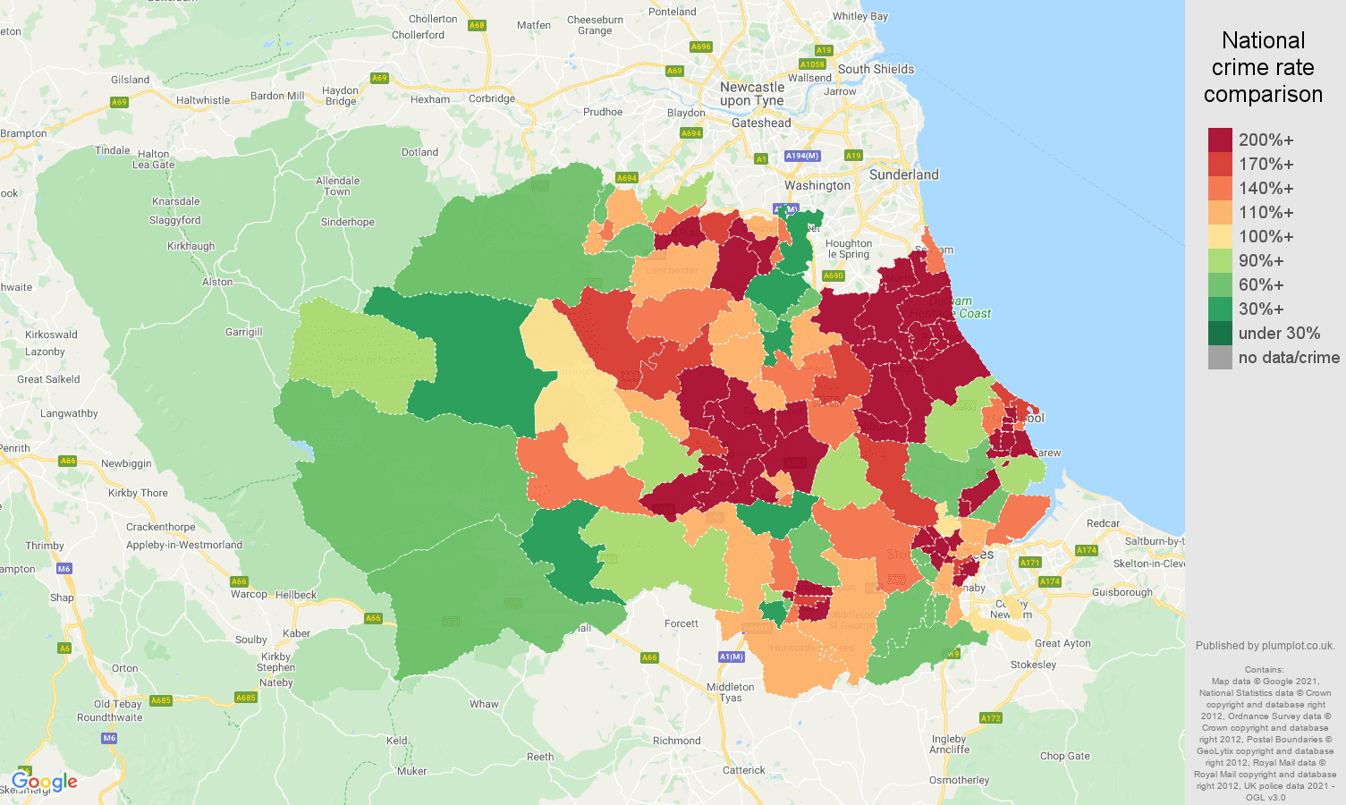 Durham county criminal damage and arson crime rate comparison map