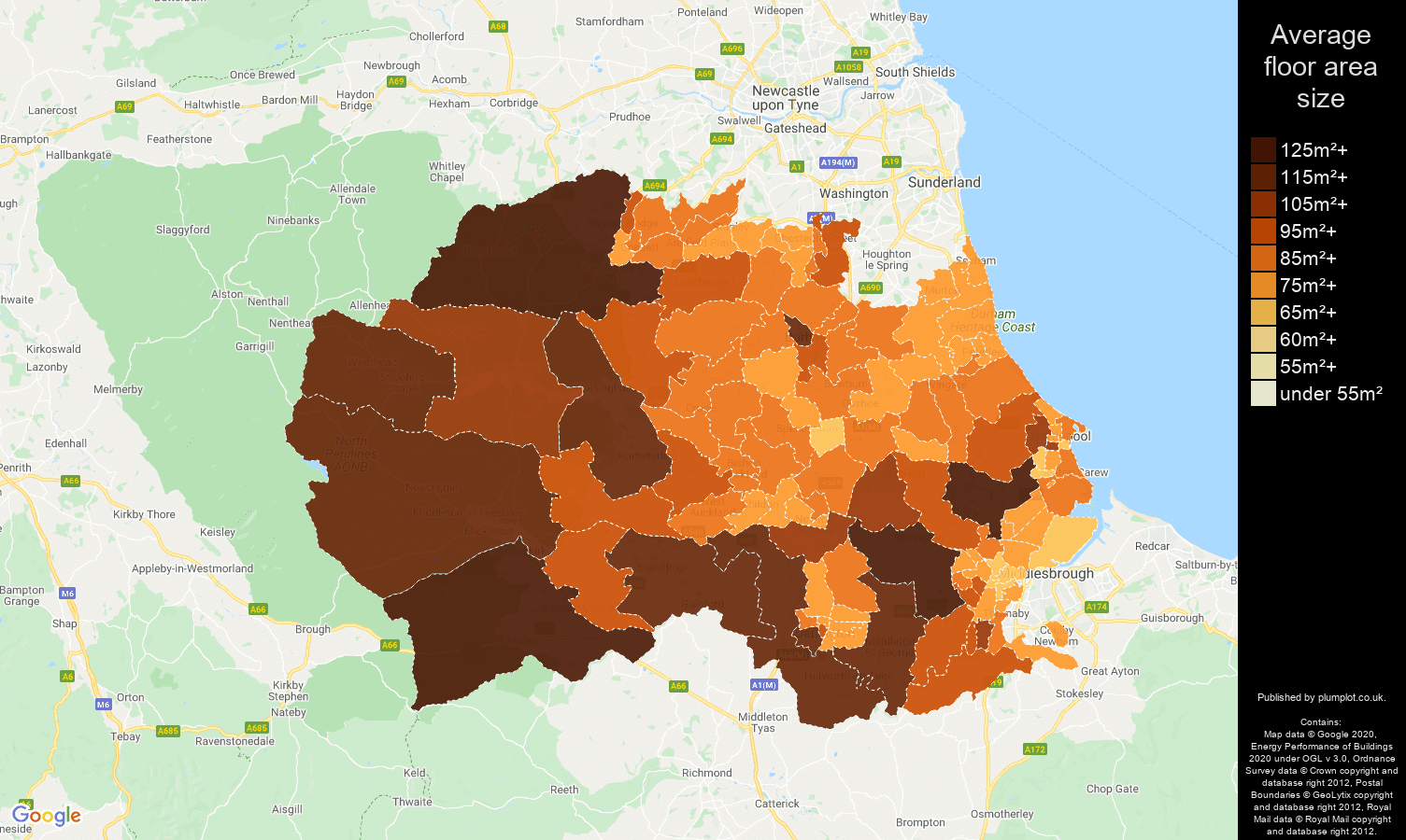 Durham county map of average floor area size of properties