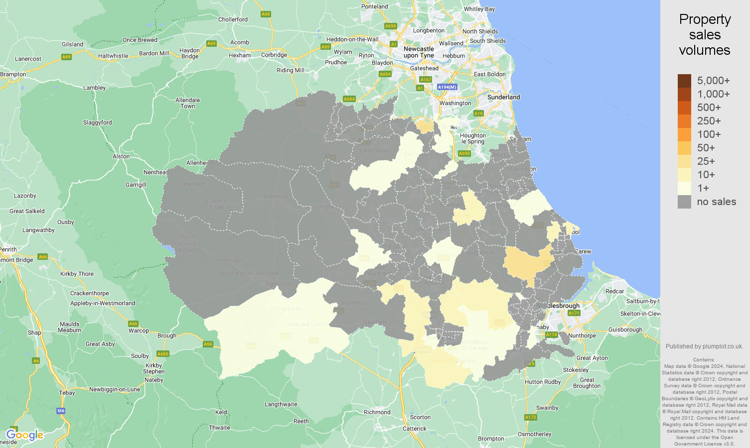 Durham county map of sales of new properties