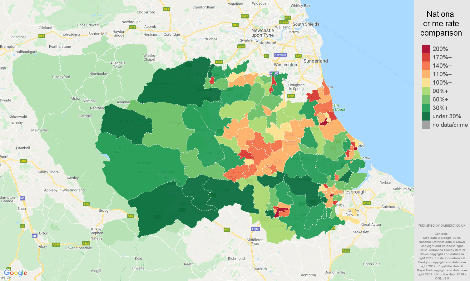 Durham county public order crime rate comparison map
