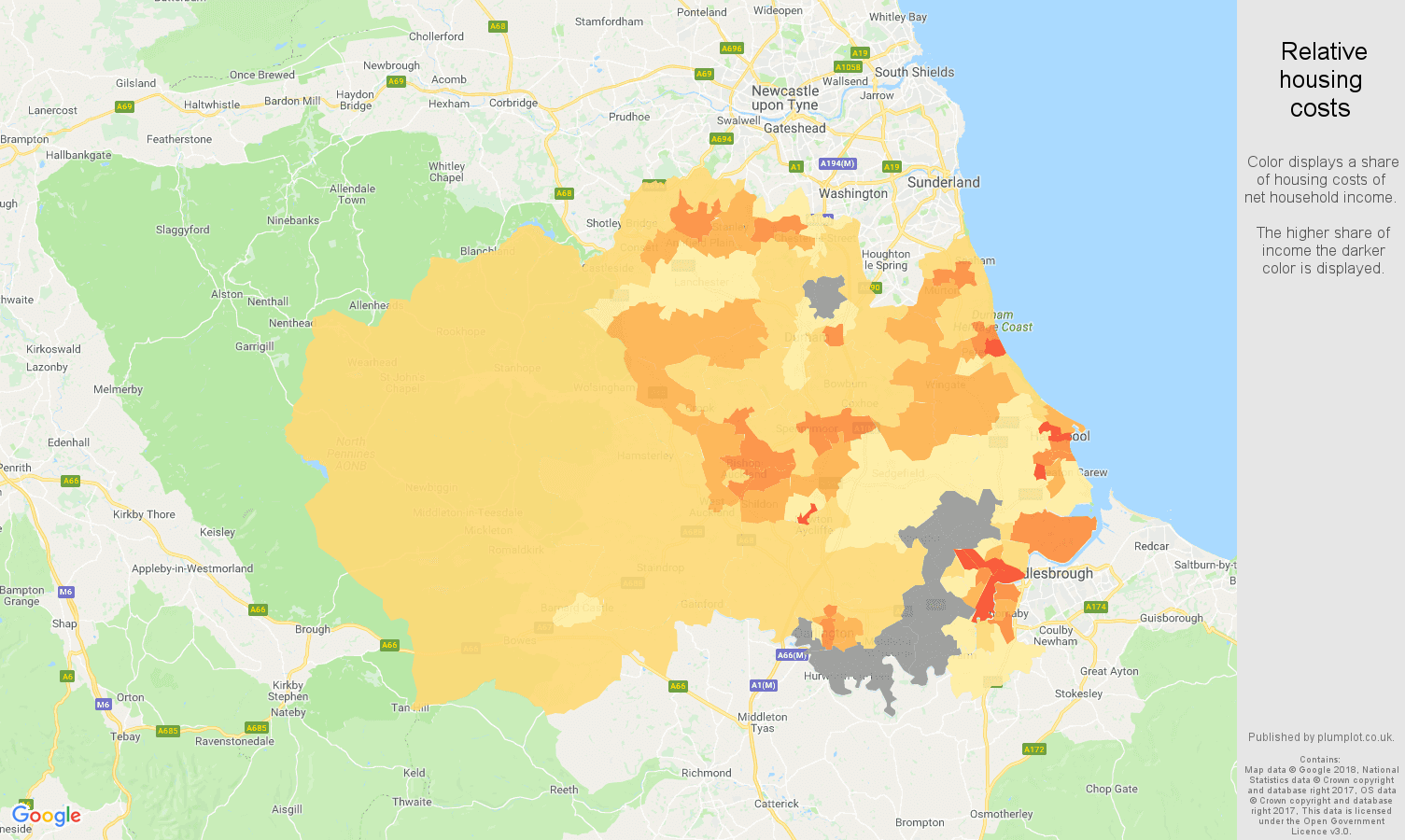 Durham county relative housing costs map