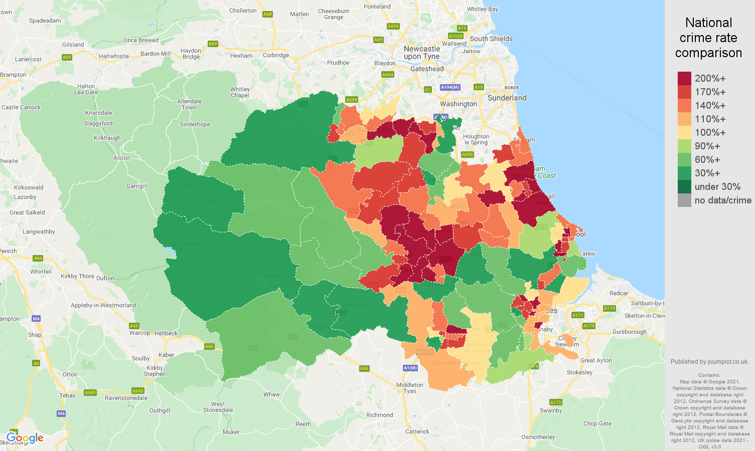 Durham county violent crime rate comparison map