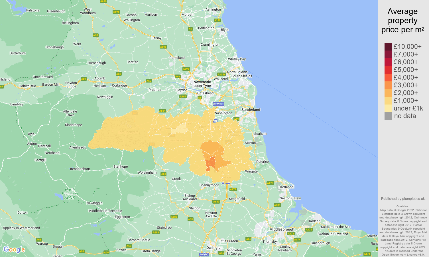 Durham house prices per square metre map