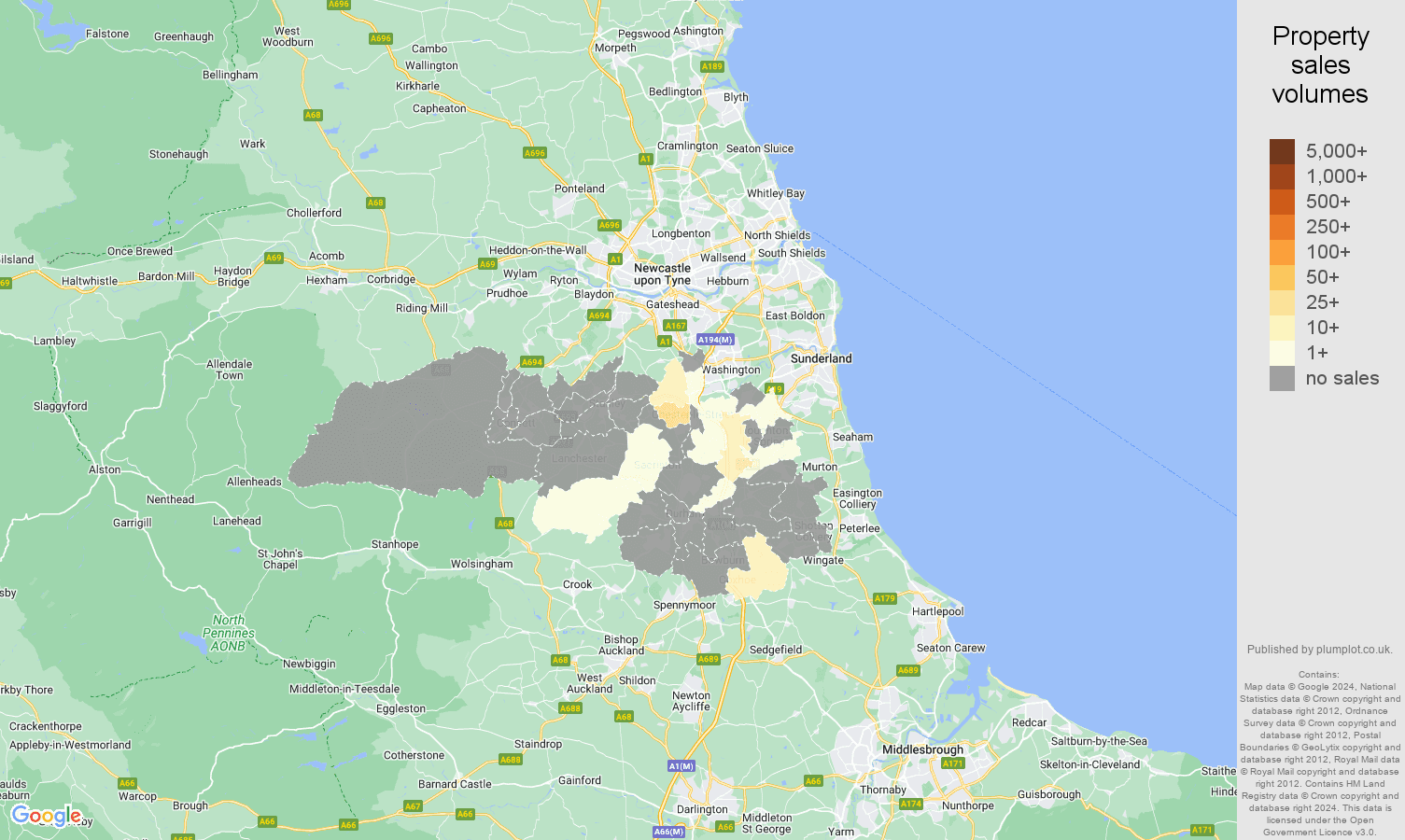 Durham map of sales of new properties