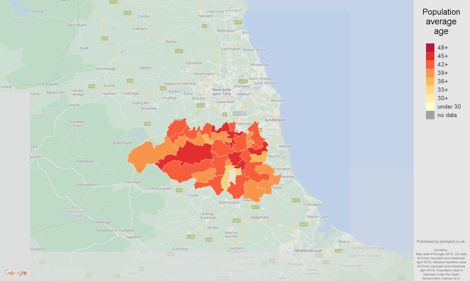 Durham population average age map