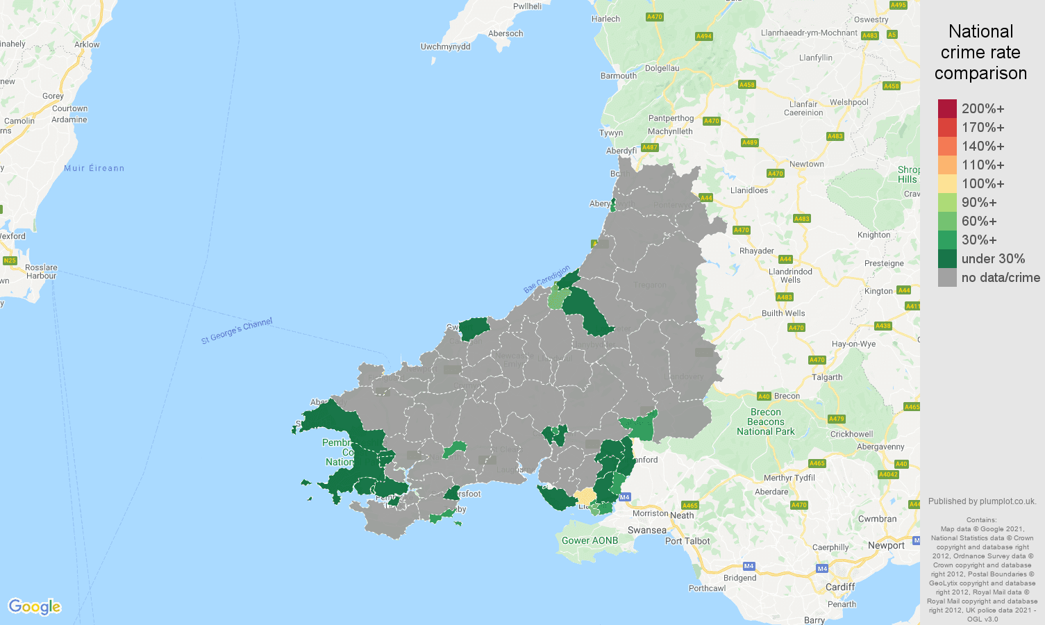 Dyfed bicycle theft crime rate comparison map